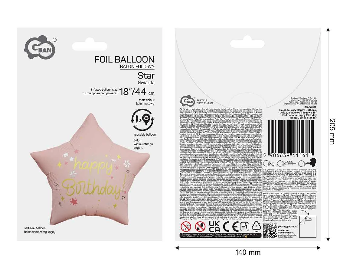 Foil balloon Happy Birthday (matt l. pink), star 18" EOL